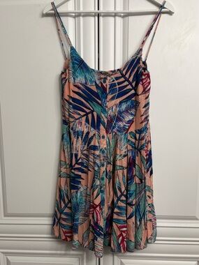 Harlow Size Medium Peach Tropical Print Button-Front Mini Dress Sleeveless